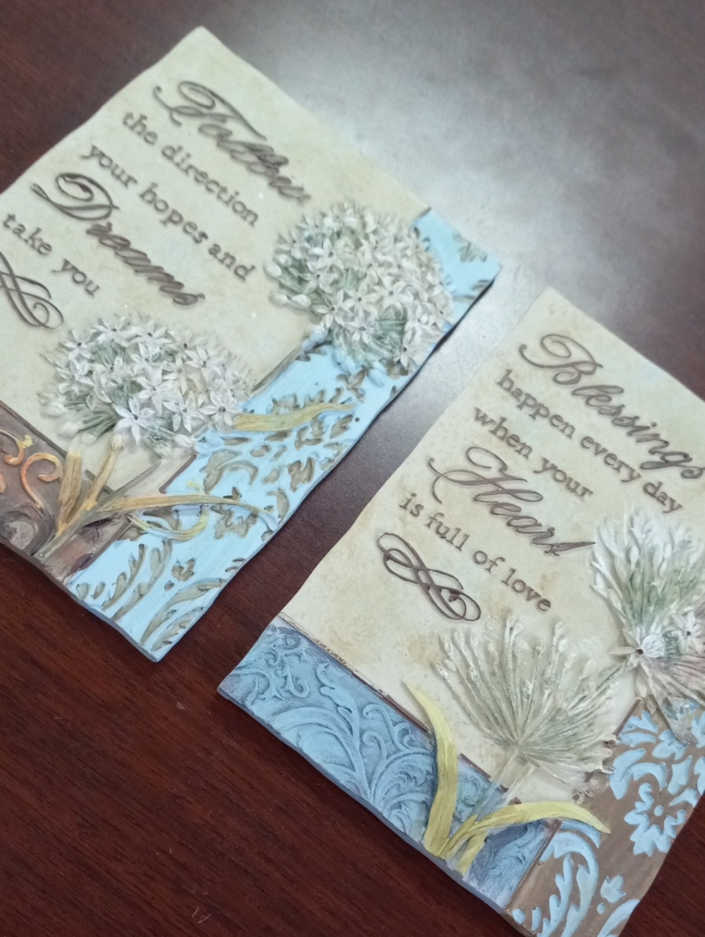 Inspirational Floral Wall Plaques - Blue & Cream 2pc